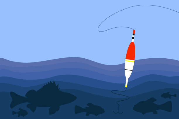 鱼钩浮在水面，鱼在水中。海钓旗设计。矢量插图。图片下载