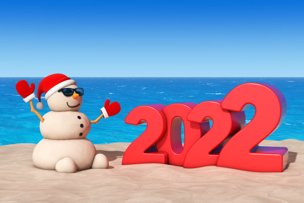 桑迪圣诞雪人在阳光海滩与2022年新年标志。3d渲染图片下载