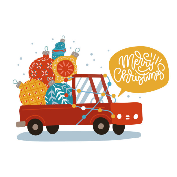 2022年春节贺卡。红色卡车与冷杉树彩色球和小玩意孤立在白色背景。矢量平面手绘插图与字母-圣诞快乐。图片下载