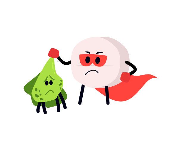 超级英雄抗生素片剂赢得病毒平面矢量插图分离。图片下载