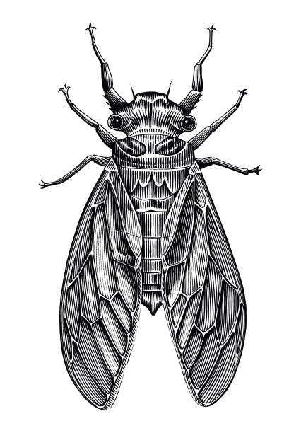 蝉手画复古雕刻风格黑白剪纸孤立在白色背景图片下载