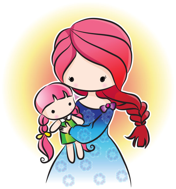 向量卡通可爱可爱的女孩背着洋娃娃图片下载