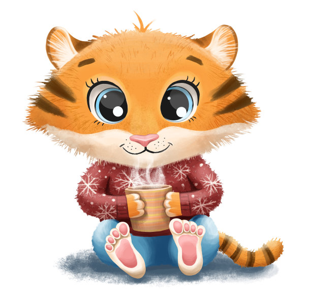可爱的小老虎穿着暖和的毛衣坐在那里，爪子里拿着一杯咖啡。2022年新年的象征。图片下载