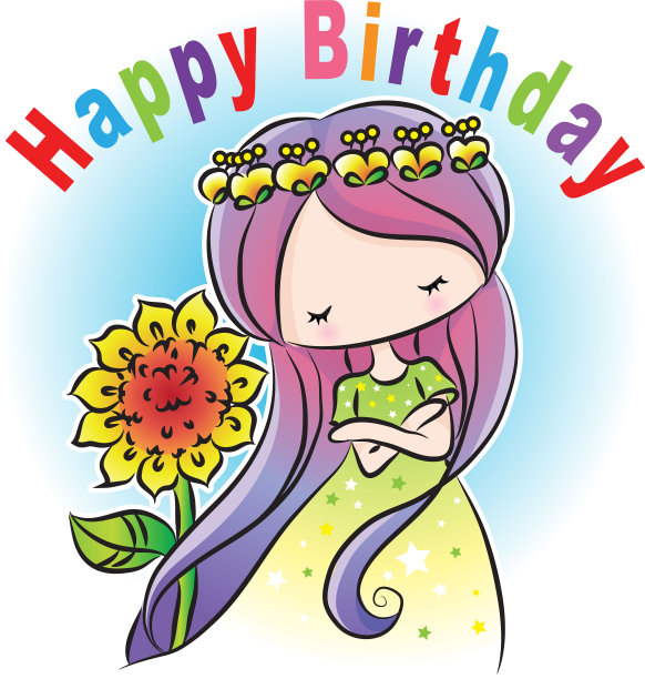 矢量卡通可爱可爱的女孩生日快乐卡片图片下载