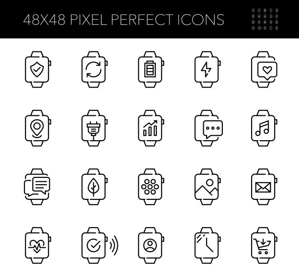 智能手表应用程序图标。活动、电池、保护、信息、媒体、地图等。像素完美，可编辑的笔触。图片下载
