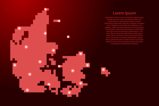 丹麦地图剪影从红色方块像素和发光的星星。矢量插图。图片下载