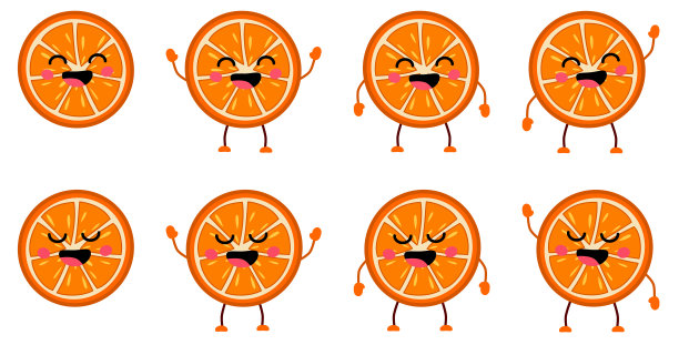可爱的卡哇伊风格的柑橘水果图标，眼睛闭着，嘴巴笑着。版本用手举起，放下和挥手图片下载
