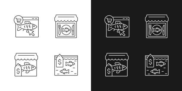 海鲜产品销售直线图标设置为暗、光模式图片下载