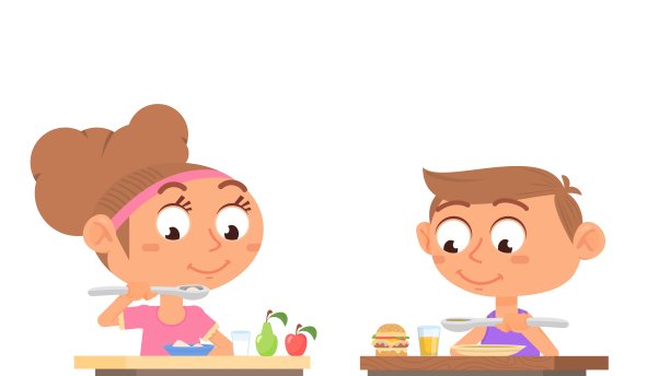 男孩女孩吃。家庭饮食，家庭健康食品。卡通妹妹和弟弟在餐桌上，早餐午餐或晚餐时间。学校食堂体面的矢量场景图片下载