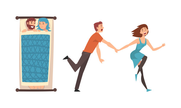 年轻的男女夫妇手牵手躺在床上感受爱和情感向量集图片下载