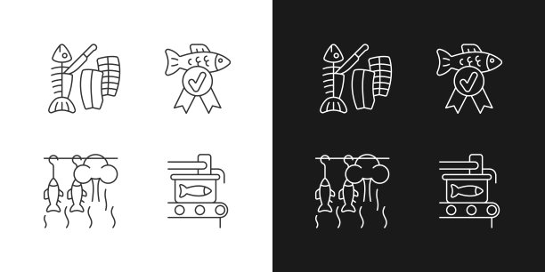 鱼产品准备线性图标设置为黑暗和光明模式图片下载