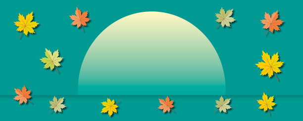 色彩鲜艳的枫叶与空白的半圆在绿色的背景。秋天旗帜的概念。图片下载