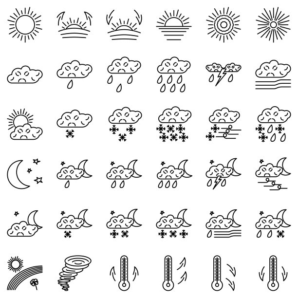 气象学，天气预报，一年中的时间，一天中的时间。一组矢量图标，离线，独立，48x48像素。晴天、雨天、下雪、雷暴、刮风、冷或热。图片下载