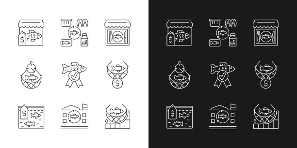 商业渔业线性图标设置为暗和光模式图片下载