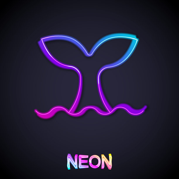 发光的霓虹灯线鲸尾在海波图标孤立在黑色背景。向量图片下载