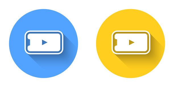 白色在线播放视频图标孤立与长阴影背景。智能手机和带有游戏标志的电影带。圆按钮。向量图片下载