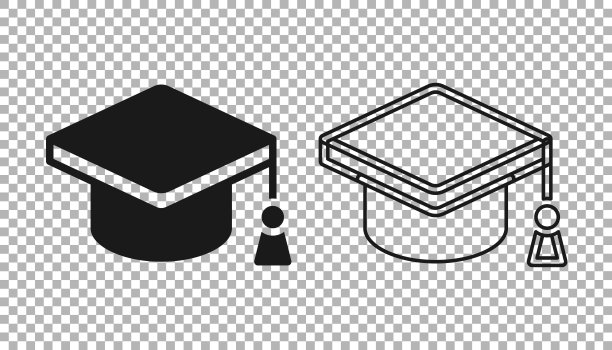 黑色毕业帽图标隔离透明背景。带流苏图标的毕业帽。向量图片下载