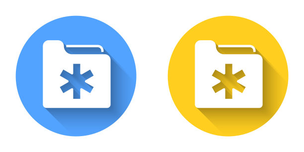 白色医疗记录文件夹用于隔离的带有长阴影背景的医疗图标。病人文件图标。病史的象征。圆按钮。向量图片下载