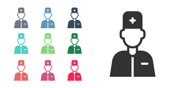 黑人男性医生图标孤立在白色背景。设置图标丰富多彩。向量图片下载