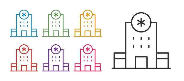 在白色背景上设置隔离的十字图标的医院建筑线。医疗中心。卫生保健。设置图标丰富多彩。向量图片下载