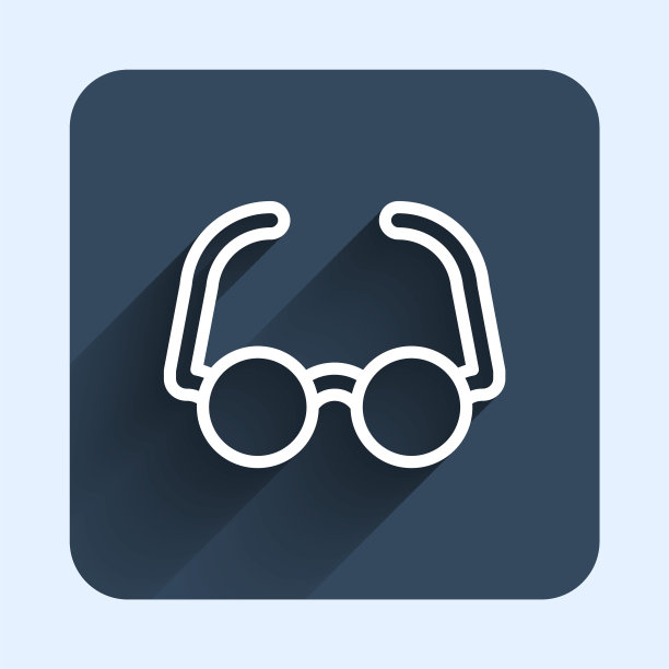 白线眼镜图标隔离与长阴影背景。眼镜框的象征。蓝色方块按钮。向量图片下载