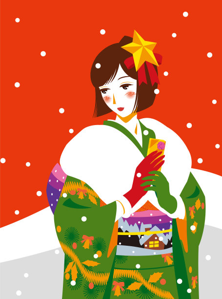 绘有圣诞形象的和服女子图片下载