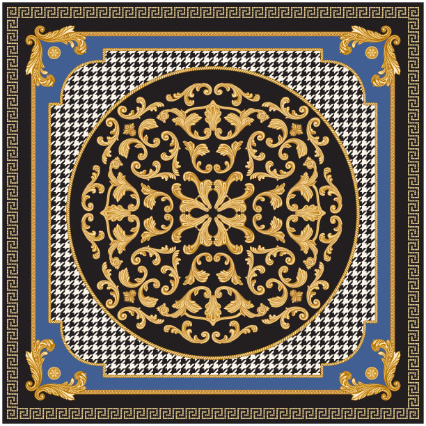 巴洛克卷轴玫瑰结，金色的希腊钥匙图案，蜿蜒的边线frieze在一个黑白猎犬牙齿和蓝色背景图片下载