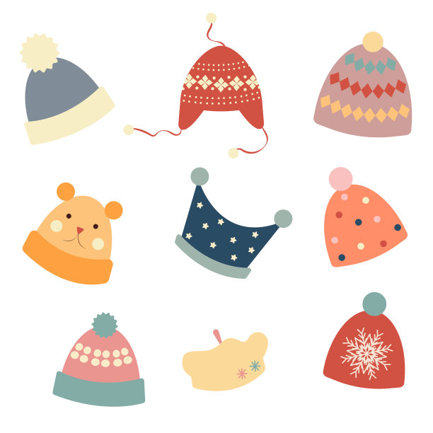色彩丰富的冬季帽子设置在浅色背景。图片下载