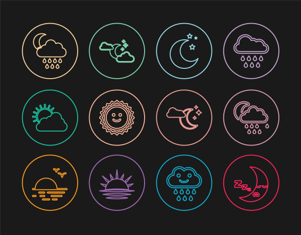 集线月亮图标，云与雨和月亮，星星，太阳，云天气，图标。向量图片下载