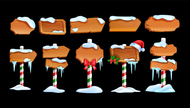 冬季木制标志板集，向量圣诞季节卡通复古横幅套件，胶合板路面板。图片下载