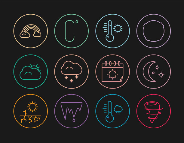 集线龙卷风，月亮和星星，气象温度计，云与雪，太阳云，彩虹云，日历太阳和摄氏图标。向量图片下载