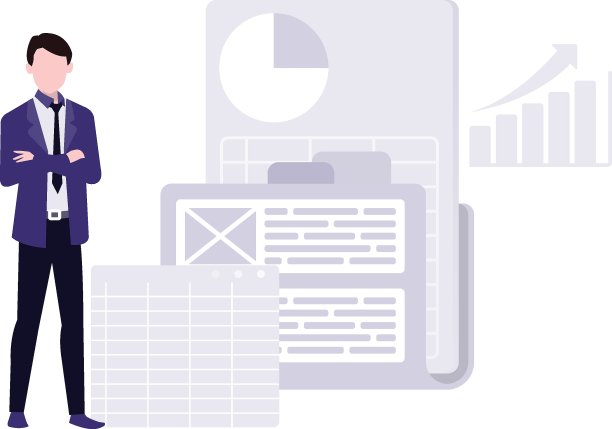 一个男人站在报告和图表旁边。图片下载