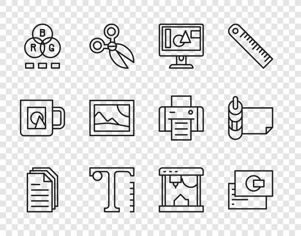 设置行文件文件，名片，电脑显示器屏幕，文字，RGB混色，图片景观，3D打印机和卷纸图标。向量图片下载