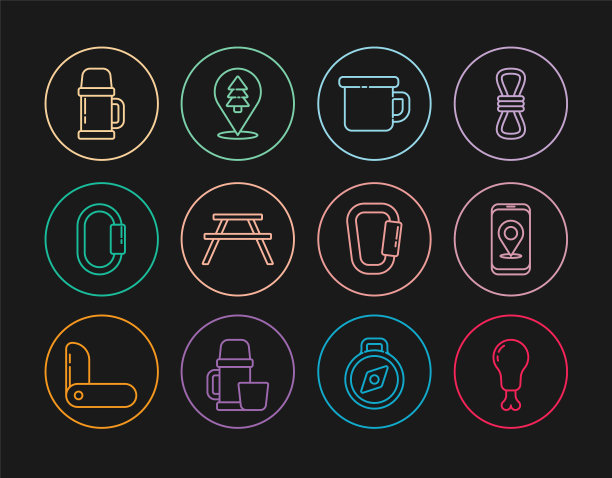 设置线鸡腿，城市地图导航，野营金属杯，带有长凳的野餐桌，Carabiner，保温瓶容器，和森林图标的位置。向量图片下载