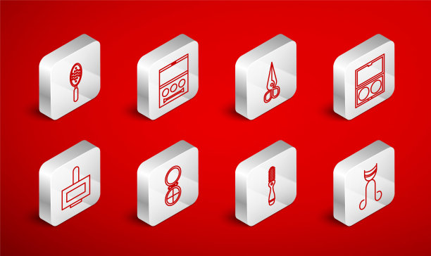 设置眼线睫毛卷，阴影调色板，剪刀，化妆粉与镜子，发刷，和指甲油瓶图标。向量图片下载