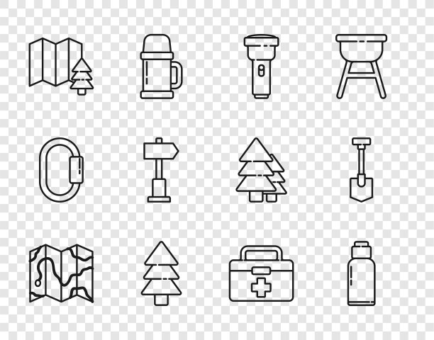 在地图上设置森林的位置，水壶，手电筒，树，道路交通路标，急救箱和铲子图标。向量图片下载