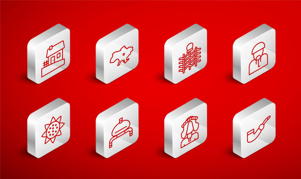 设置线条烟管，乌克兰地图，柳条栅栏，乌克兰哥萨克，女人，房子，面包和盐和向日葵图标。向量图片下载