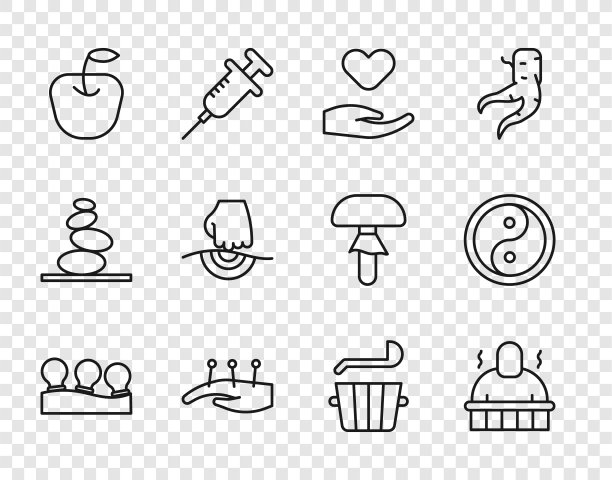 集真空罐线、桑拿和水疗程序、心在手、针灸疗法、苹果、按摩、桶勺和阴阳图标。向量图片下载