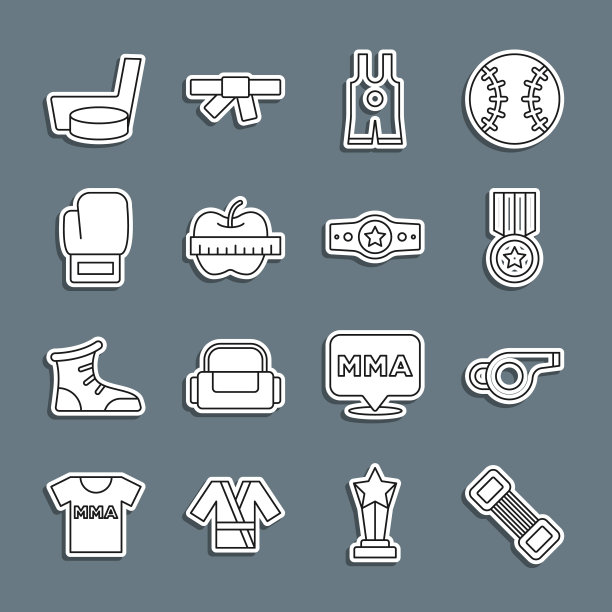 胸部扩张器，哨子，奖牌，摔跤背心，苹果卷尺，拳击手套，冰球棍，皮带图标。向量图片下载