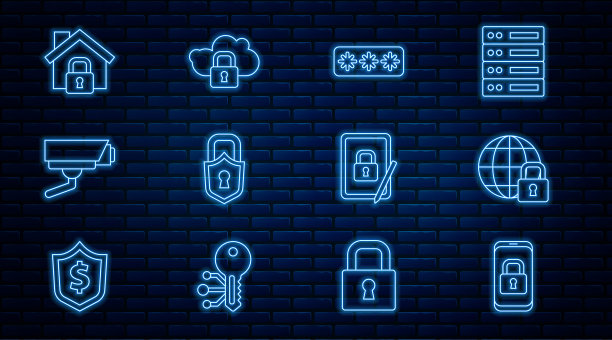 设置线移动与关闭挂锁，全球锁定，密码保护，锁，安全摄像头，房子下，平板电脑和云计算图标。向量图片下载