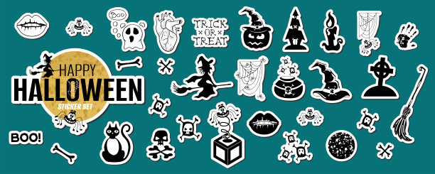 可爱的万圣节与有趣的卡通人物:南瓜，女巫，幽灵，黑猫，骷髅，坟墓。贴纸、符号、图标、标志设计元素。矢量图图片下载