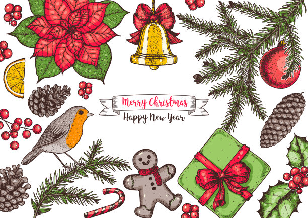圣诞贺卡。手绘插图。矢量插图。圣诞邀请函设计模板。设计收集。图片下载