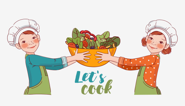 可爱的男孩和女孩在厨房里做沙拉图片下载