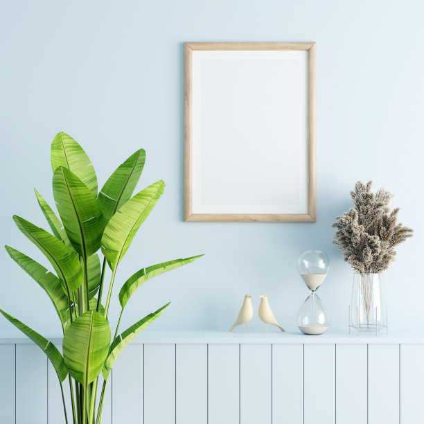 木制框架模型在蓝色客厅，3D渲染图片下载