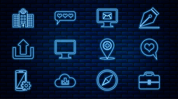 设置线工具箱，心在语音气泡，监视器和信封，计算机监视器屏幕，上传，医院大楼，位置与十字和喜欢的心图标。向量图片下载