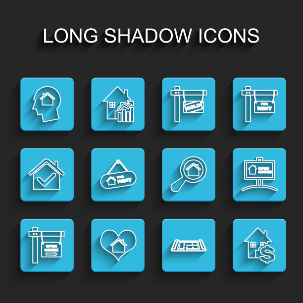 设置线悬挂标志与开放的房子，房子的心形，男人梦想购买，计划，美元，出租，和搜索图标。向量图片下载