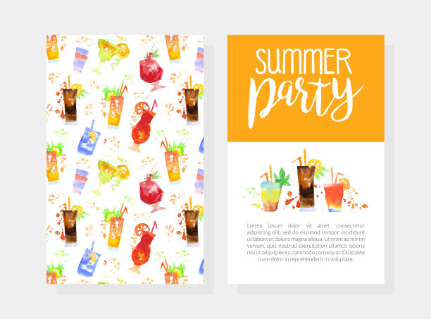 水彩鸡尾酒盖或卡片与玻璃和吸管作为夏季清凉饮料矢量模板图片下载