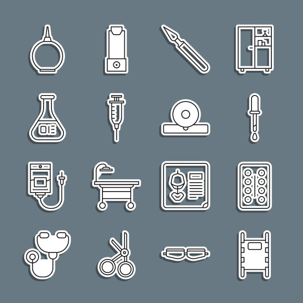 设置线担架，泡包药丸，移液器，外科手术刀，注射器，试管和烧瓶，灌肠和耳鼻喉科头部反射器图标。向量图片下载
