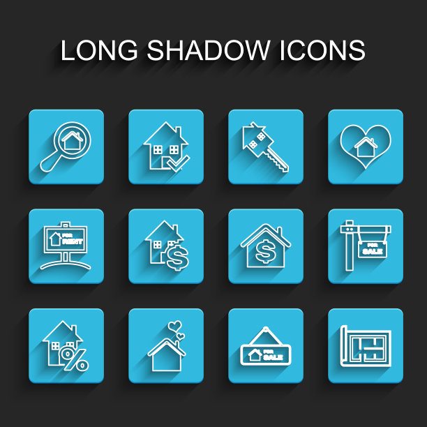 设置线房子与百分比，心形，搜索房子，挂出出售的标志，计划，美元，和图标。向量图片下载