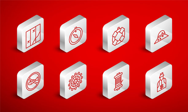 渔人、指南针、救生圈、帽子、钓鱼纺线轮、折叠地图、船舶舵轮、无图标。向量图片下载